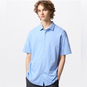 UNIQLO AIRism Cotton Short Sleeve Polo Button Down Shirt Light Sky Blue S Preppy